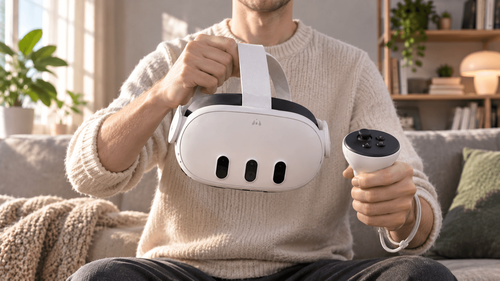 Мужчина в светлой гостиной держит в руках белый VR-шлем Meta Quest 3 и контроллер, готовясь к настройке и запуску виртуальной реальности.