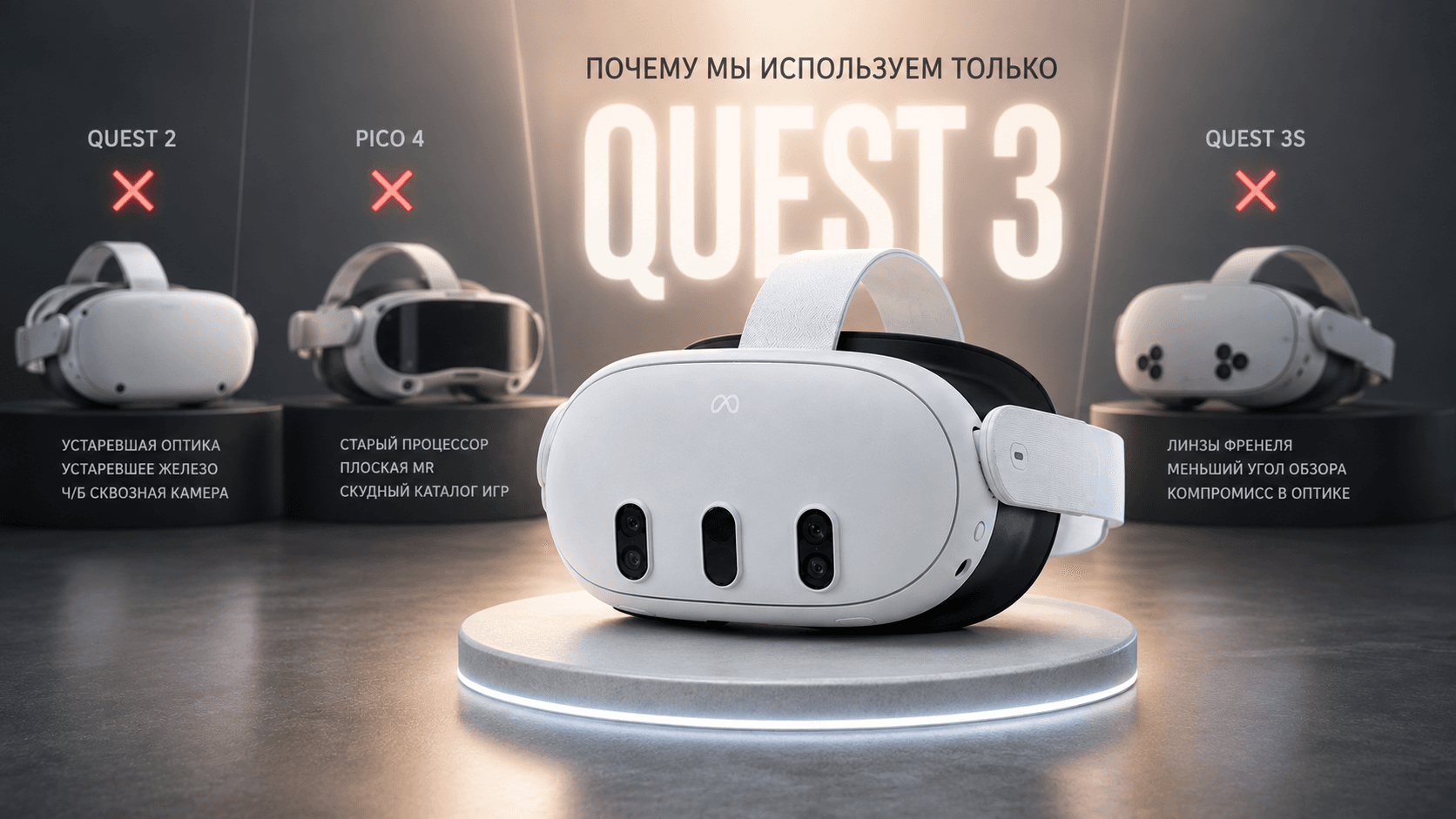 Сравнение VR-шлемов разных поколений: в центре на подсвеченном пьедестале расположен Meta Quest 3, а на заднем плане — Oculus Quest 2, Pico 4 и Meta Quest 3S с отметками об их основных недостатках.