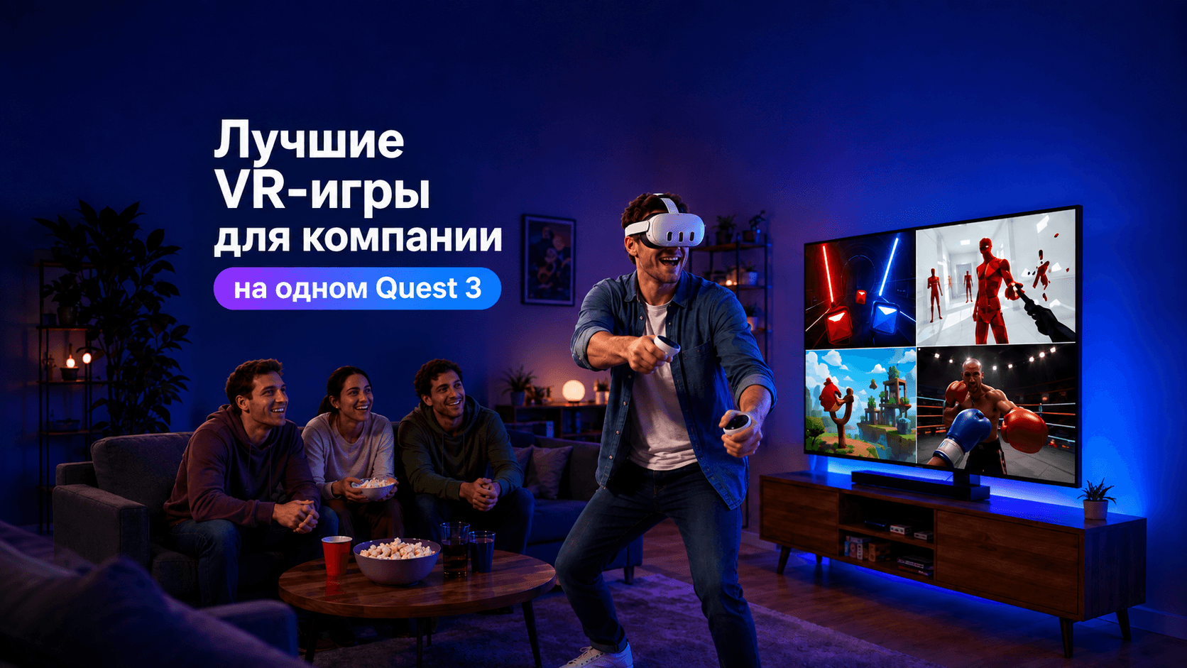 Парень играет в Quest 3 в компании, остальные смотрят за игрой на тв