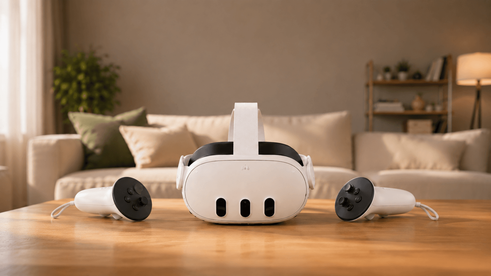 Белый VR-шлем Meta Quest 3 с двумя контроллерами на деревянном столе в уютной гостиной; на фоне надпись «Инструкция по Quest 3 — Ваш гид в мир виртуальной реальности» и логотип ProstoVR.
