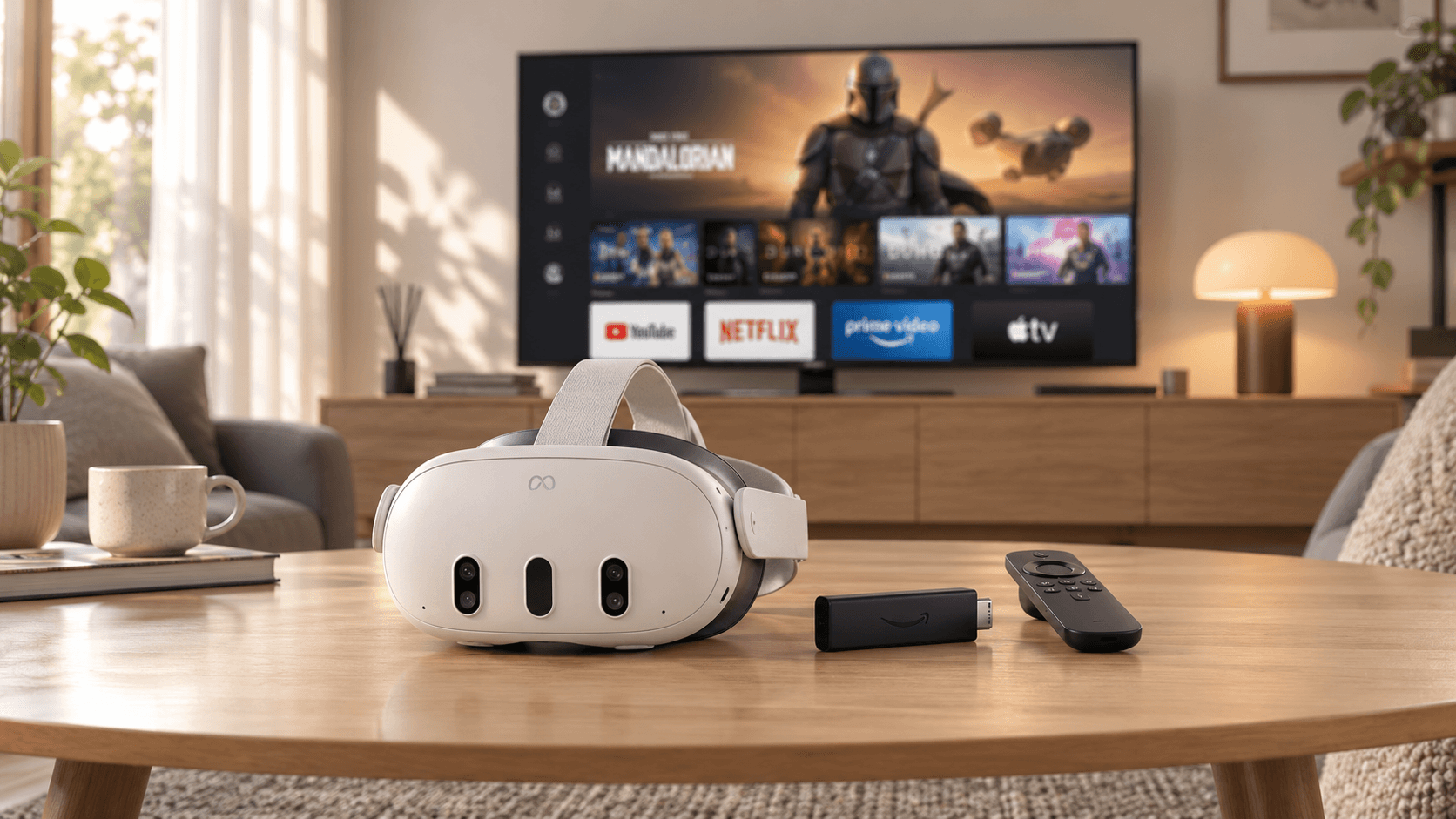 Белый VR-шлем Meta Quest 3, ТВ-приставка и пульт лежат на деревянном столе в светлой современной гостиной, на заднем плане — телевизор с меню стриминговых сервисов.