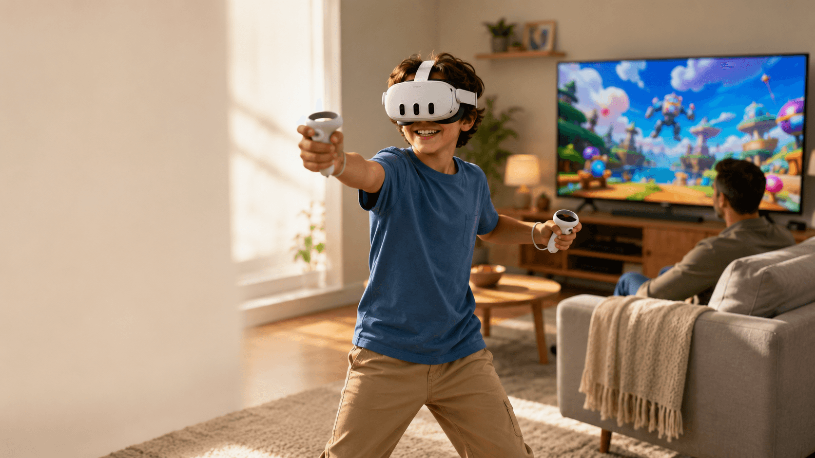 Ребёнок играет в VR в белом шлеме Quest 3 с контроллерами в светлой гостиной, пока родитель наблюдает за игрой на телевизоре.
