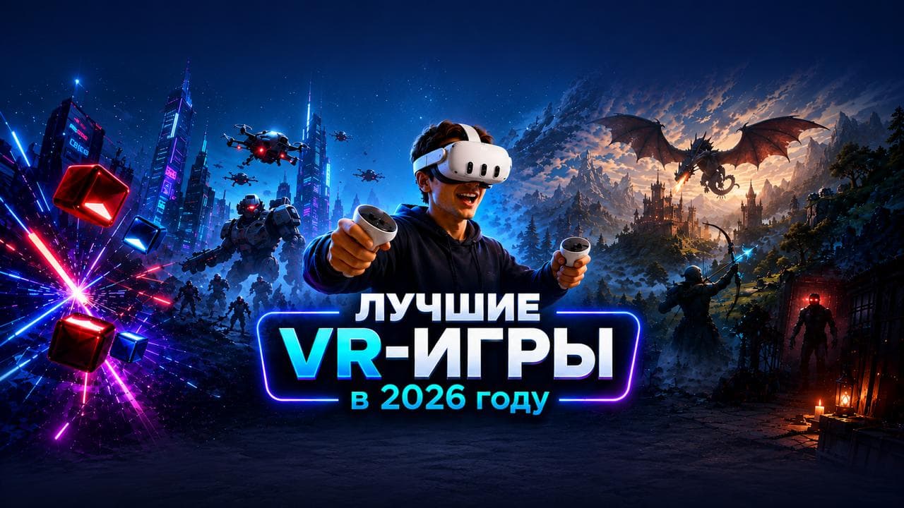 Обложка «Лучшие VR-игры в 2026 году»: игрок в шлеме Meta Quest 3 с контроллерами на фоне футуристического города, фэнтезийного замка, дракона и неоновых игровых эффектов.