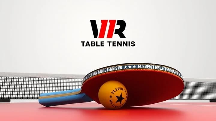 Постер VR-игры Eleven Table Tennis с ракеткой и мячом для настольного тенниса на игровом столе и логотипом игры на светлом фоне.