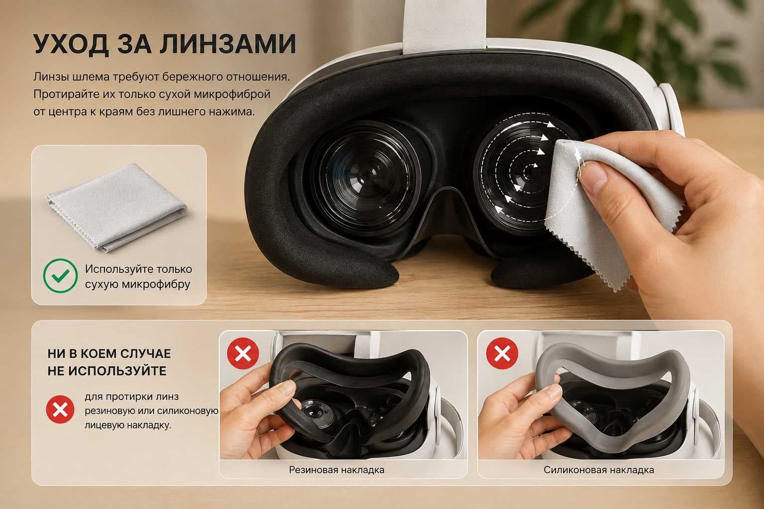 Инструкция по уходу за линзами VR-шлема: линзы аккуратно протирают сухой салфеткой из микрофибры от центра к краям без сильного нажима. Резиновую и силиконовую лицевые накладки использовать для очистки линз нельзя.