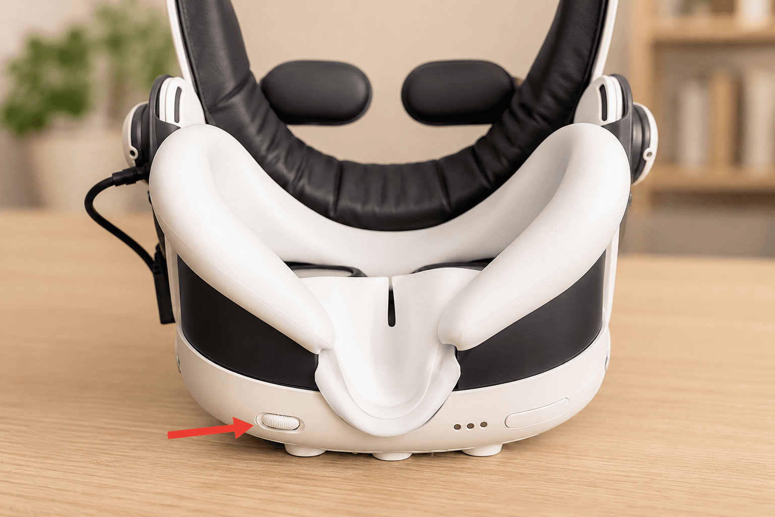Крупный план нижней части VR-шлема Meta Quest 3; красная стрелка указывает на колесико регулировки межзрачкового расстояния линз (IPD).