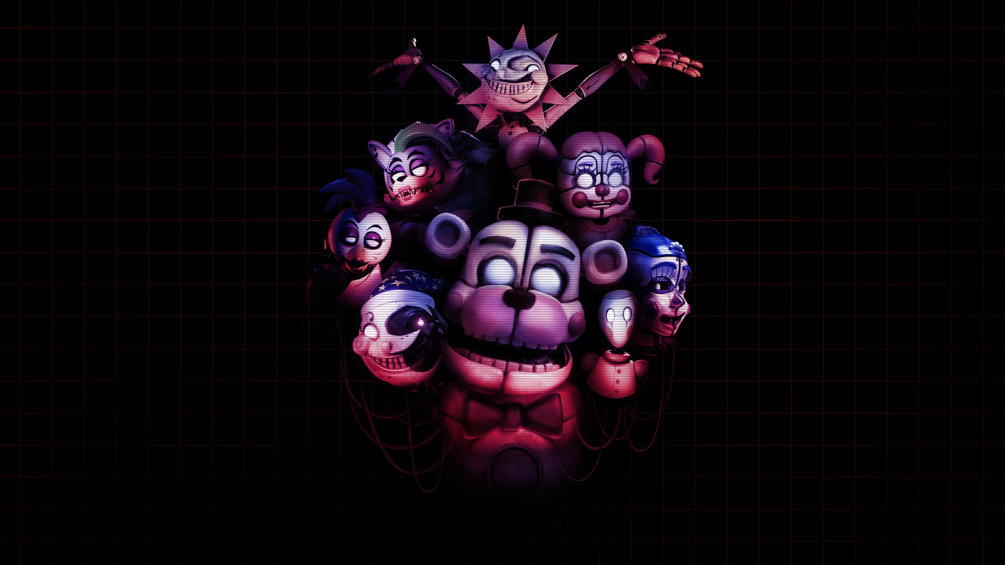 Постер VR-игры Five Nights at Freddy’s: Help Wanted 2 с неоновой красной надписью и группой жутких аниматроников на чёрном фоне.