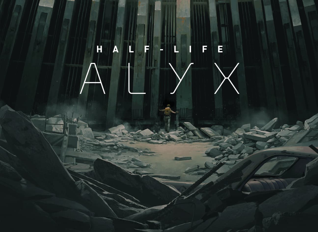 Постер VR-игры Half-Life: Alyx: разрушенный городской пейзаж с обломками зданий и заброшенным автомобилем, а в центре человек стоит перед огромной мрачной металлической конструкцией. На изображении крупно размещен логотип Half-Life: Alyx.