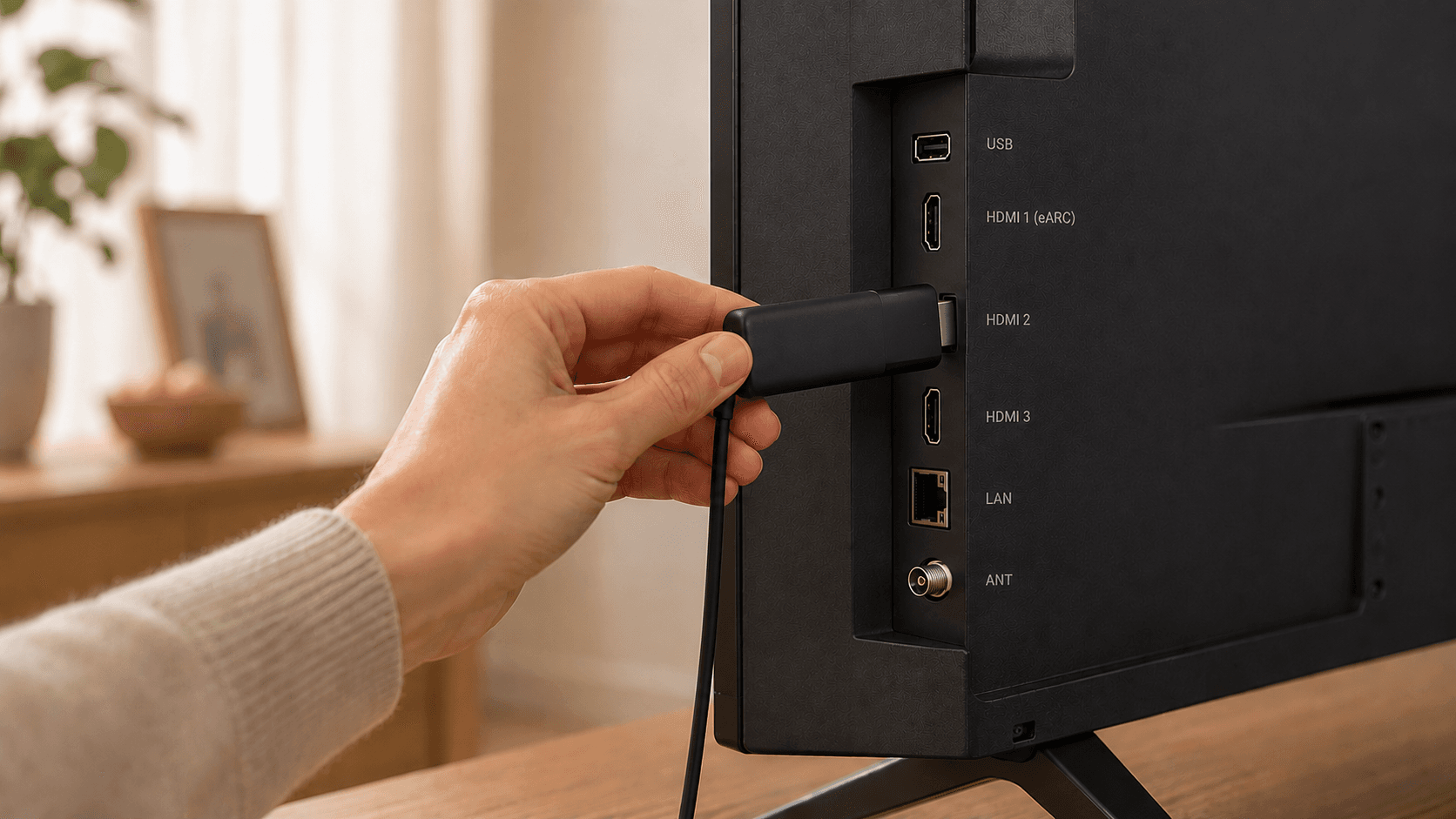 Рука подключает TV-приставку к HDMI-порту телевизора; к приставке подсоединён кабель питания, уходящий вниз за пределы кадра.