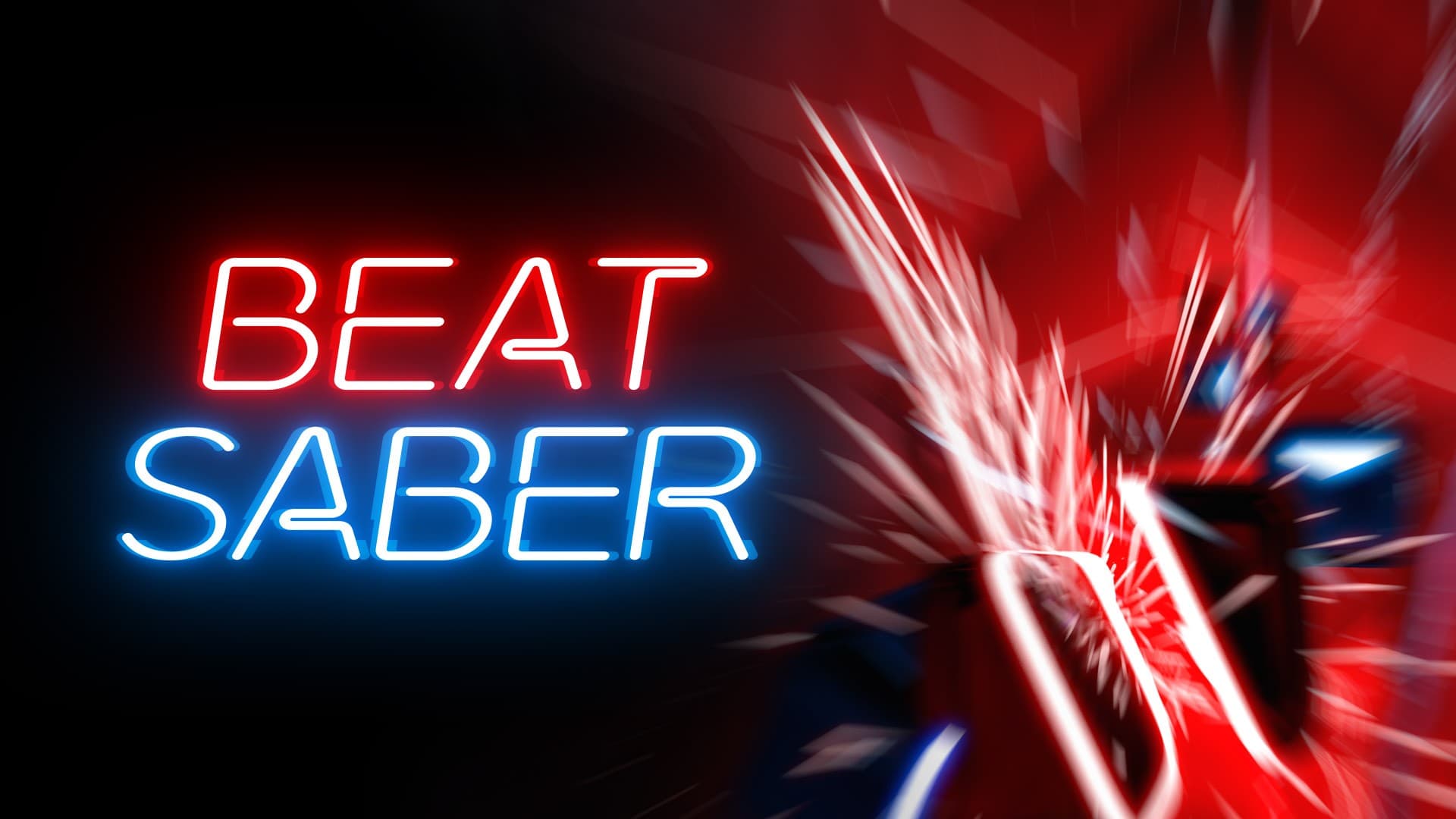 Постер VR-игры Beat Saber с неоновой красно-синей надписью и световыми саблями, разбивающими кубы на тёмном фоне.