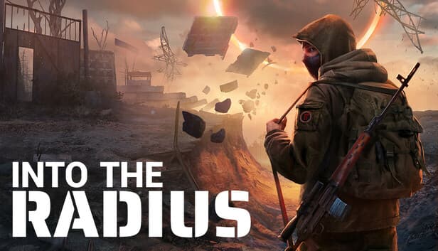 Постер VR-игры Into the Radius: вооружённый сталкер с рюкзаком стоит в мрачной постапокалиптической зоне с парящими обломками и аномалиями.