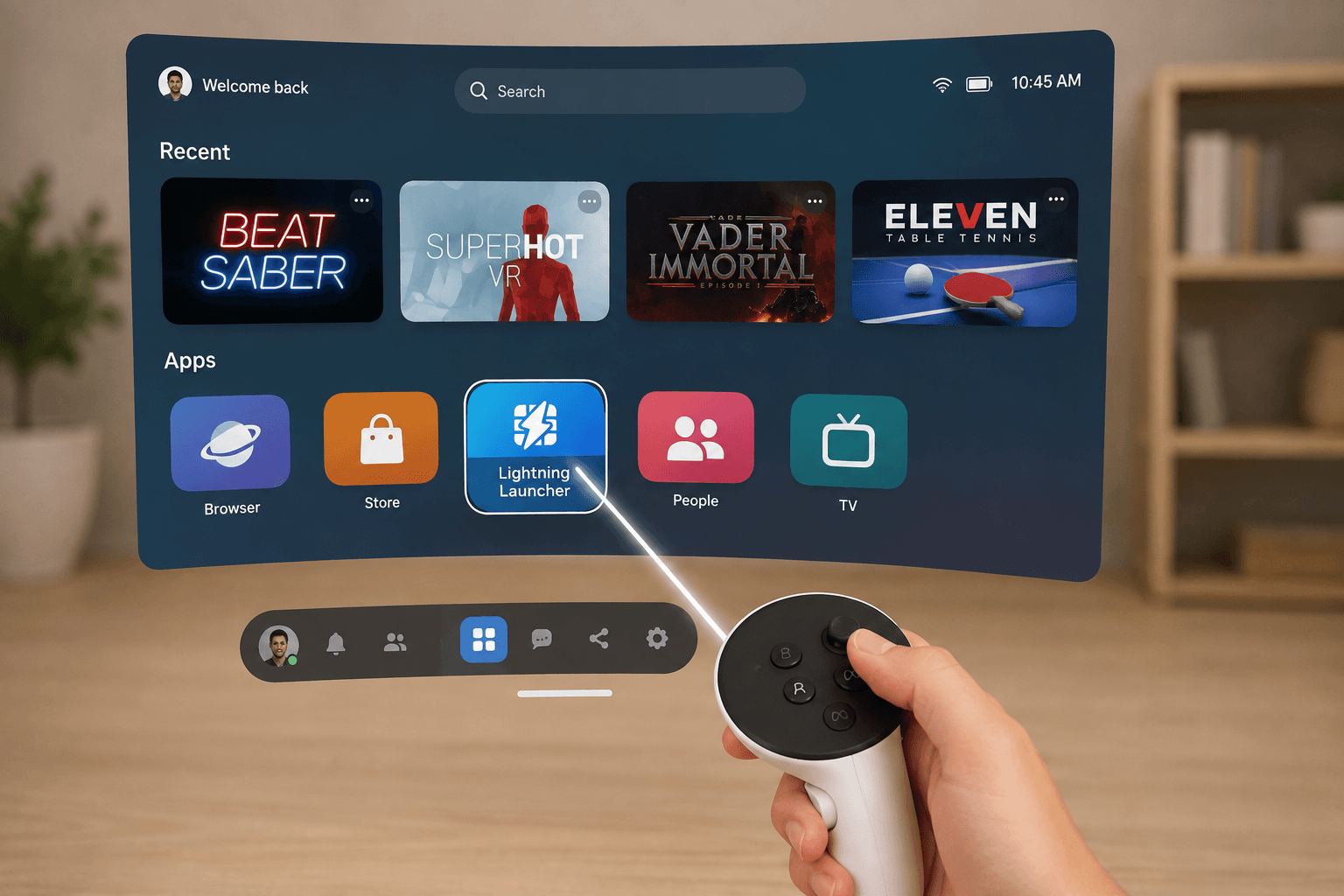 Рука с контроллером Quest 3 выбирает приложение Lightning Launcher в виртуальном меню для запуска установленных VR-игр.
