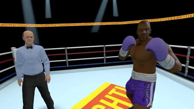 Скриншот VR-игры Thrill of the Fight: боксёр в фиолетовых перчатках стоит на ринге перед игроком, рядом находится судья.
