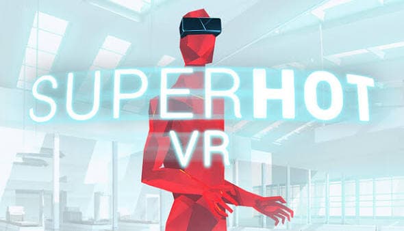 Постер VR-игры SUPERHOT VR с красным низкополигональным персонажем в виртуальном шлеме на фоне светлого минималистичного пространства.