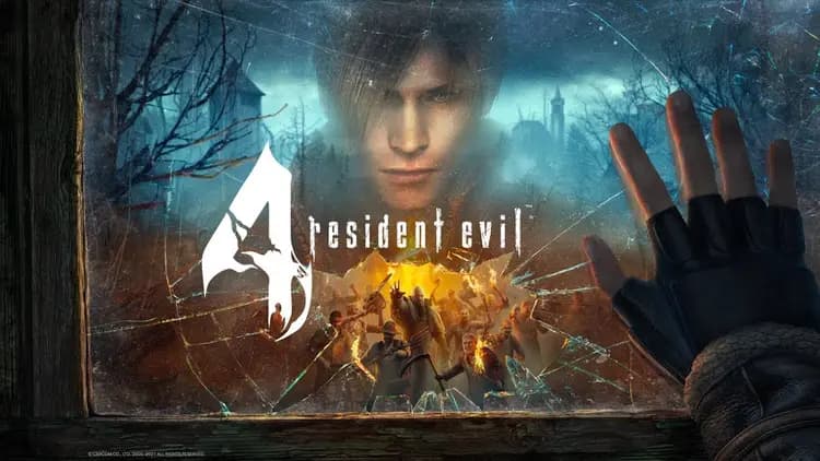 Постер Resident Evil 4 VR: Леон Кеннеди за разбитым стеклом, рука игрока на переднем плане и сцена с врагами на фоне мрачной деревни.