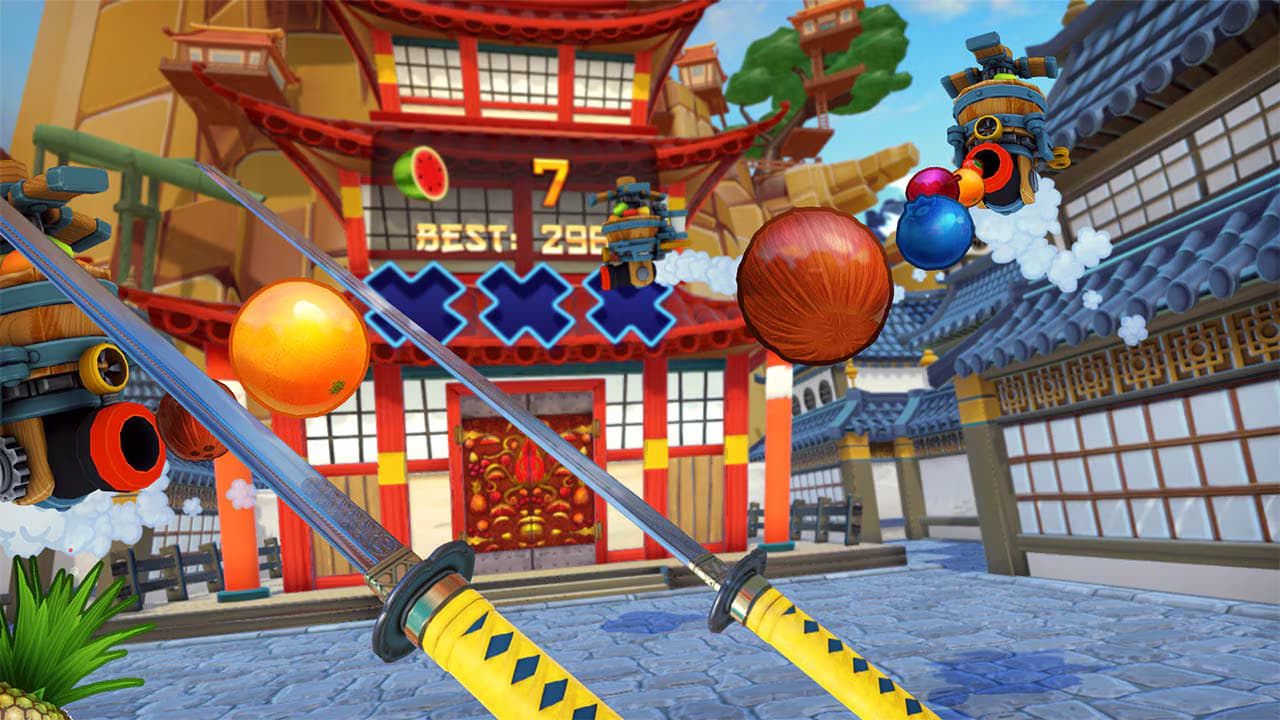 Игровой процесс VR-игры Fruit Ninja VR при прокате шлемов виртуальной реальности в ProstoVR.