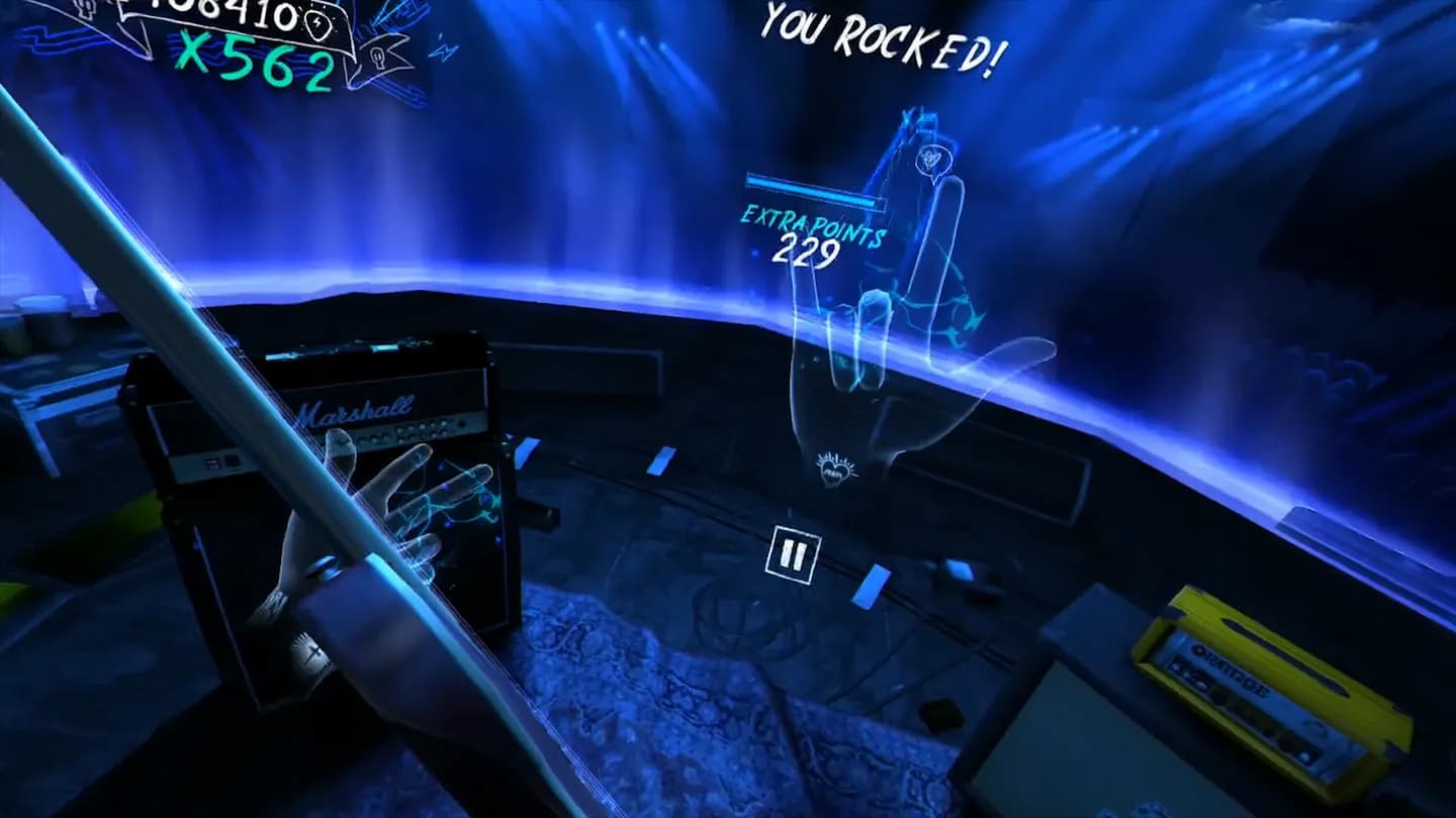 Игровой процесс VR-игры Unplugged: Air Guitar при прокате шлемов виртуальной реальности в ProstoVR.