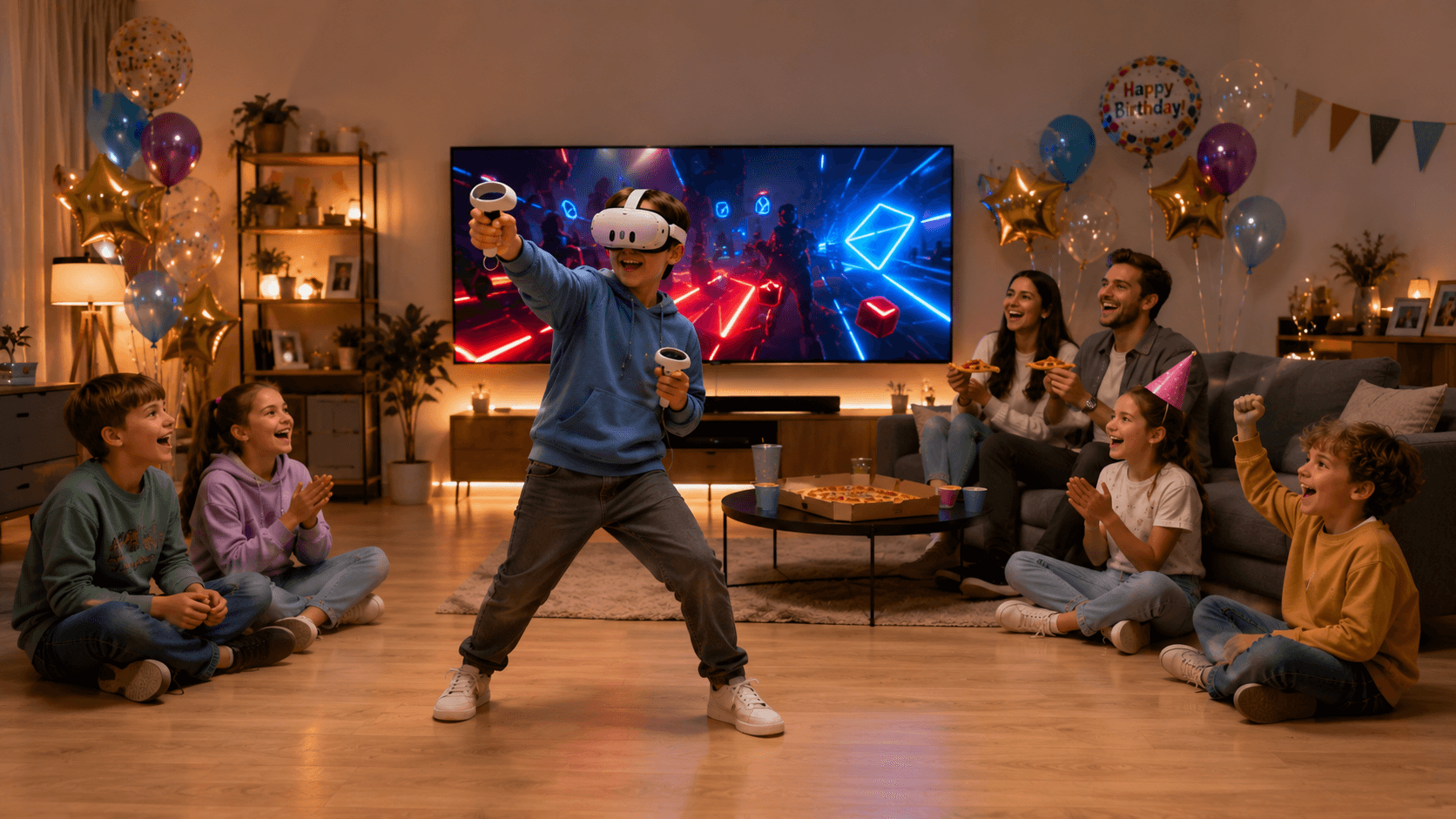 Детский VR-день рождения дома: ребенок играет в Meta Quest 3 с контроллерами в просторной гостиной, пока друзья и взрослые смотрят за игрой, смеются и едят пиццу. Комната украшена воздушными шарами, а на телевизоре отображается яркая VR-игра.