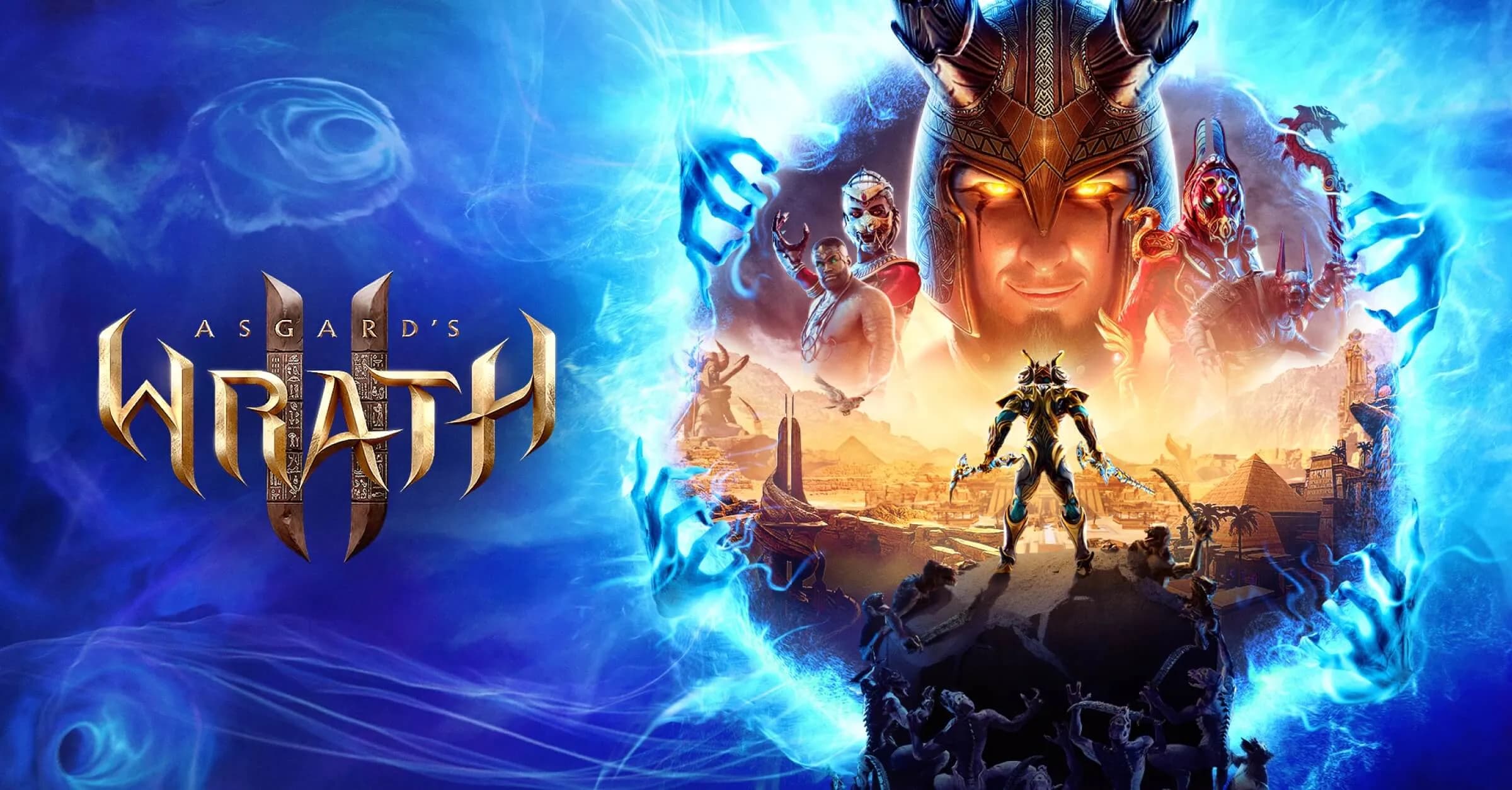 Постер VR-игры Asgard’s Wrath 2 с героями и мифологическими персонажами на фоне древнеегипетского мира, окружённого ярким голубым магическим свечением.