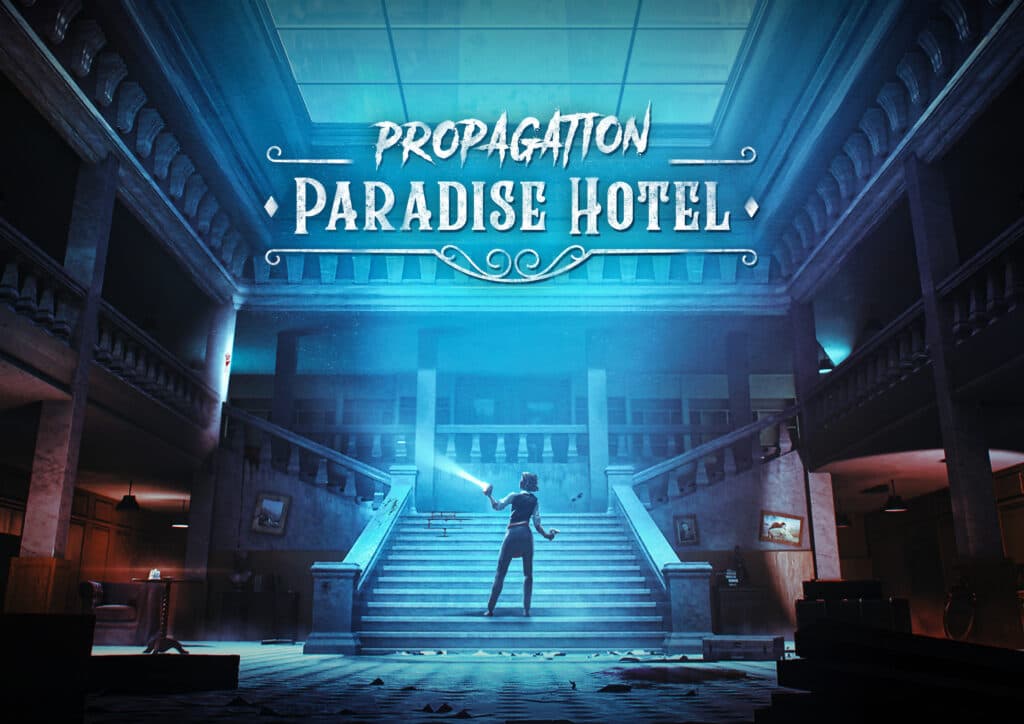 Постер VR-хоррора Propagation: Paradise Hotel с героиней на лестнице в мрачном холле заброшенного отеля, освещённом холодным голубым светом.