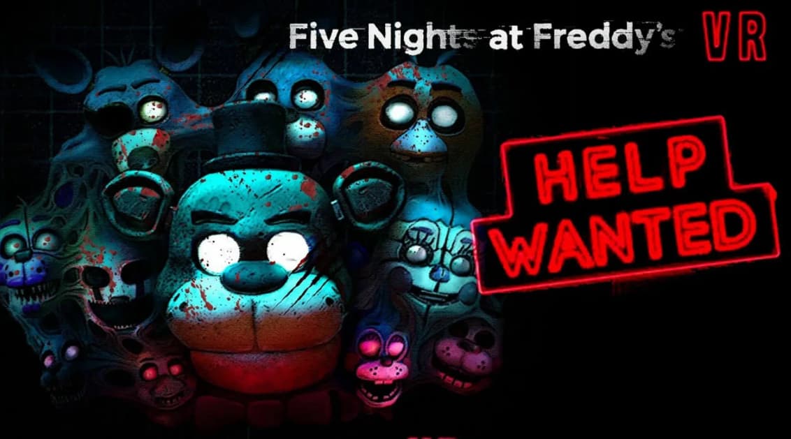 Постер VR-хоррора Five Nights at Freddy’s: Help Wanted 2 с группой пугающих аниматроников и красной неоновой надписью на тёмном фоне.