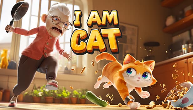Обложка игры I Am Cat с рыжим котом, убегающим от пожилой женщины на кухне среди разбросанных продуктов и разбитой посуды.