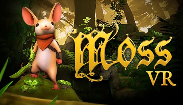 Обложка VR-игры Moss с маленькой белой мышью Квилл в красном платке на фоне сказочного зелёного леса.