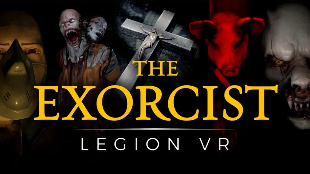Постер VR-хоррора The Exorcist: Legion VR с пугающими демоническими персонажами, крестом и красной фигурой животного на чёрном фоне.