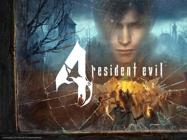 Постер Resident Evil 4 с Леоном Кеннеди на фоне мрачной деревни и группой враждебных жителей за эффектом разбитого стекла.