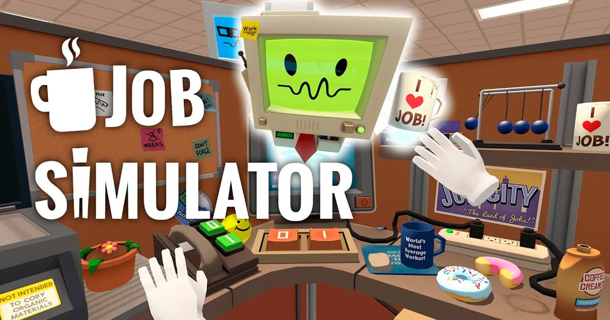 Обложка VR-игры Job Simulator с виртуальным роботом-монитором и рукой игрока в офисном окружении, надпись «Job Simulator: Subtitled Update».