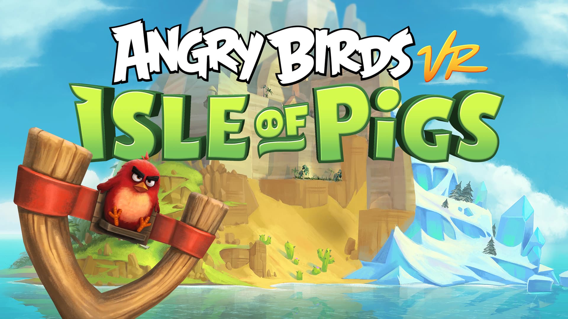 Обложка VR-игры Angry Birds VR: Isle of Pigs с красной птицей Редом и зелёной свиньёй на фоне тропического острова.