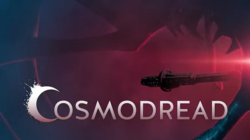 Постер VR-хоррора Cosmodread с логотипом игры и силуэтом космического корабля, летящего к яркому красному свечению в мрачном космосе