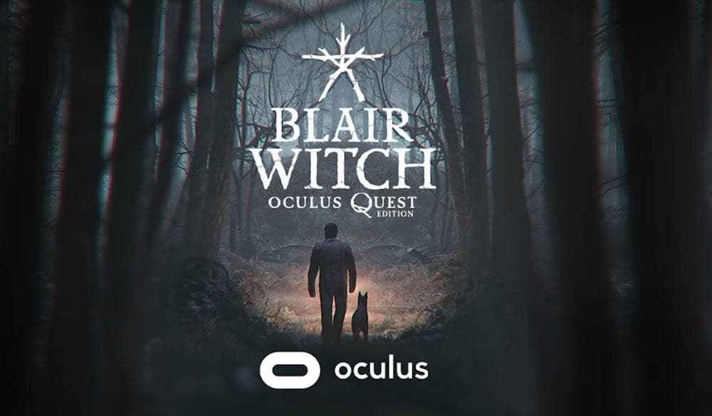 Постер VR-хоррора Blair Witch: Oculus Quest Edition — мужчина с собакой идёт по мрачному туманному лесу, освещая путь фонарём.
