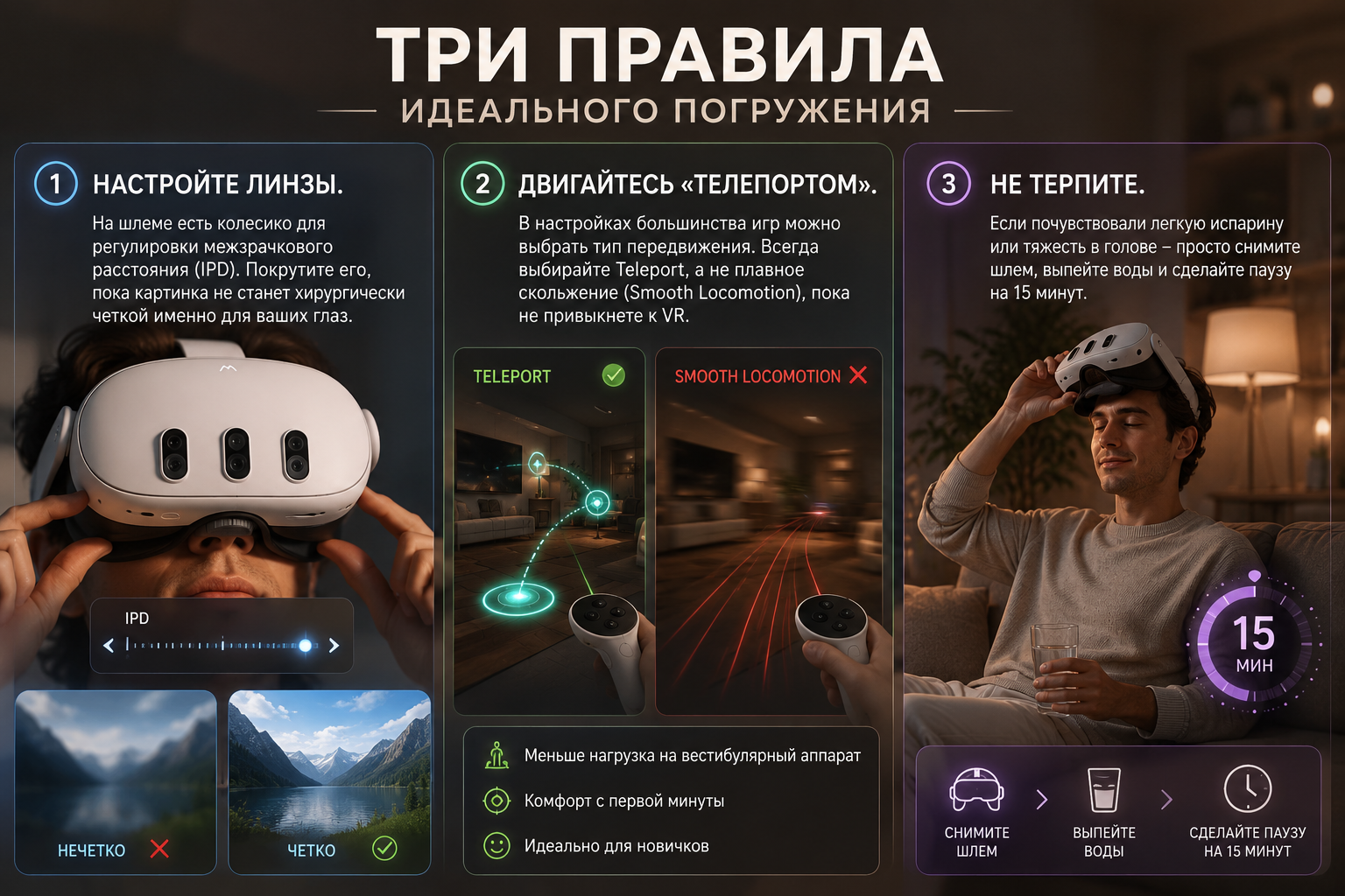 Инфографика «Три правила идеального погружения в VR»: настройка линз и IPD, использование телепорта вместо плавного движения и 15-минутный перерыв при появлении дискомфорта.